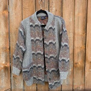 LE ROY Womens Gray Brown Knit Button Down Long Sleeve Cardigan Sweater Small VTG